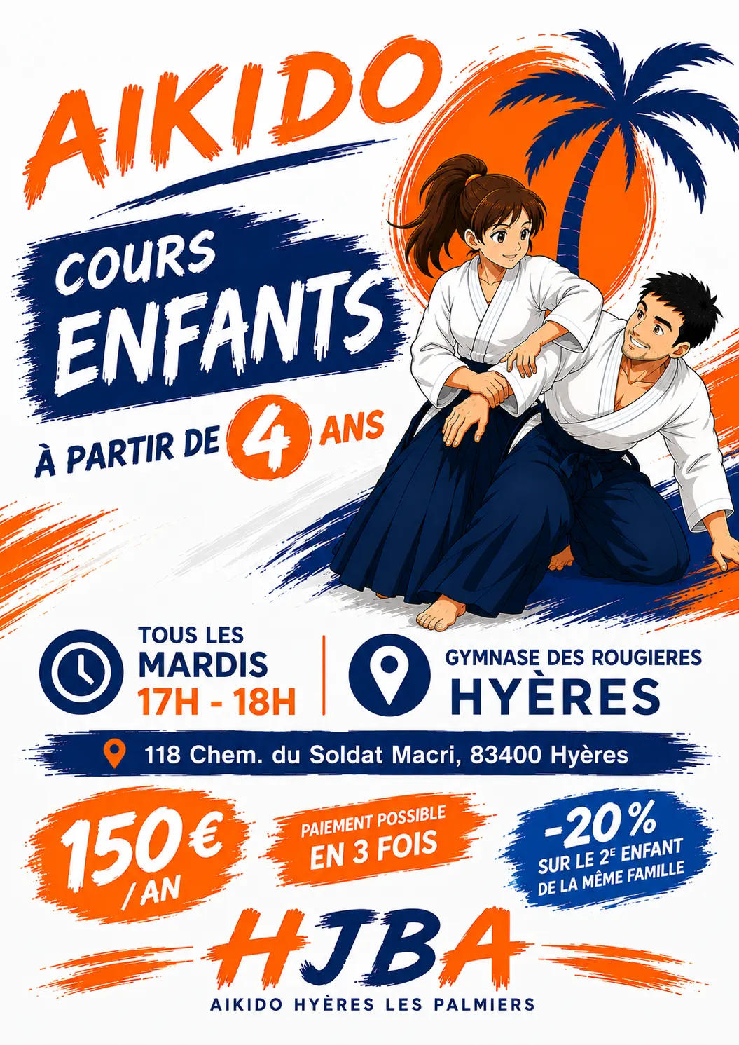 Affiche rentrée — Cours aïkido enfants, à partir de 4 ans, tous les mardis 17h-18h, Gymnase des Rougières, Hyères